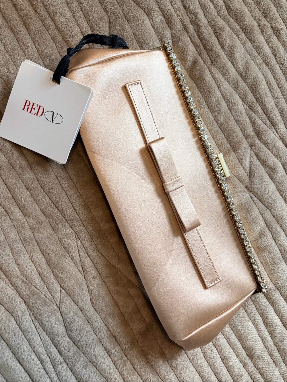 RED Valentino Rose Gold Satin Clutch with Bow and Crystal Trim